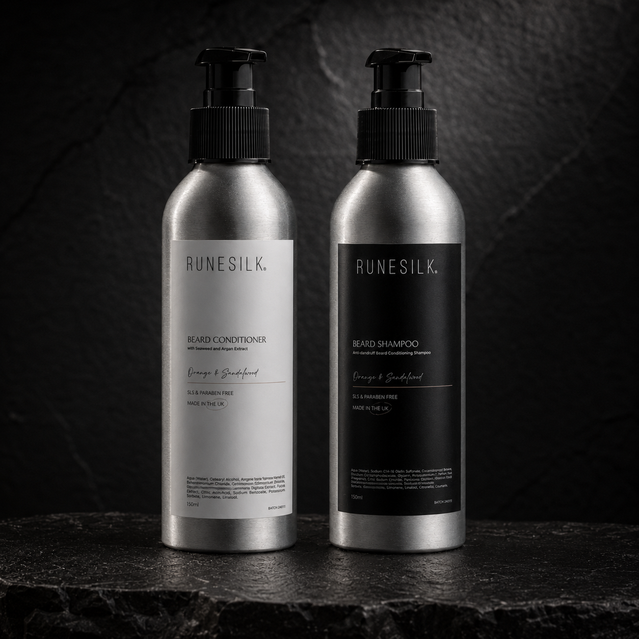 RUNESILK beard shampoo and beard conditioner bottles