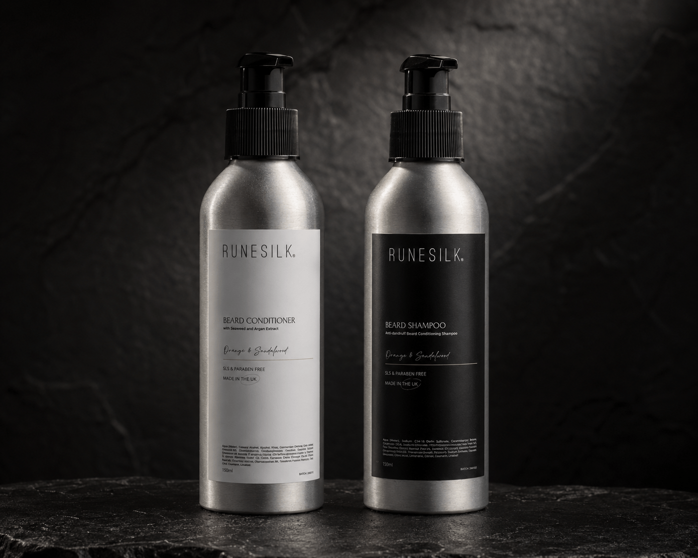 RUNESILK beard conditioner and beard shampoo bottles