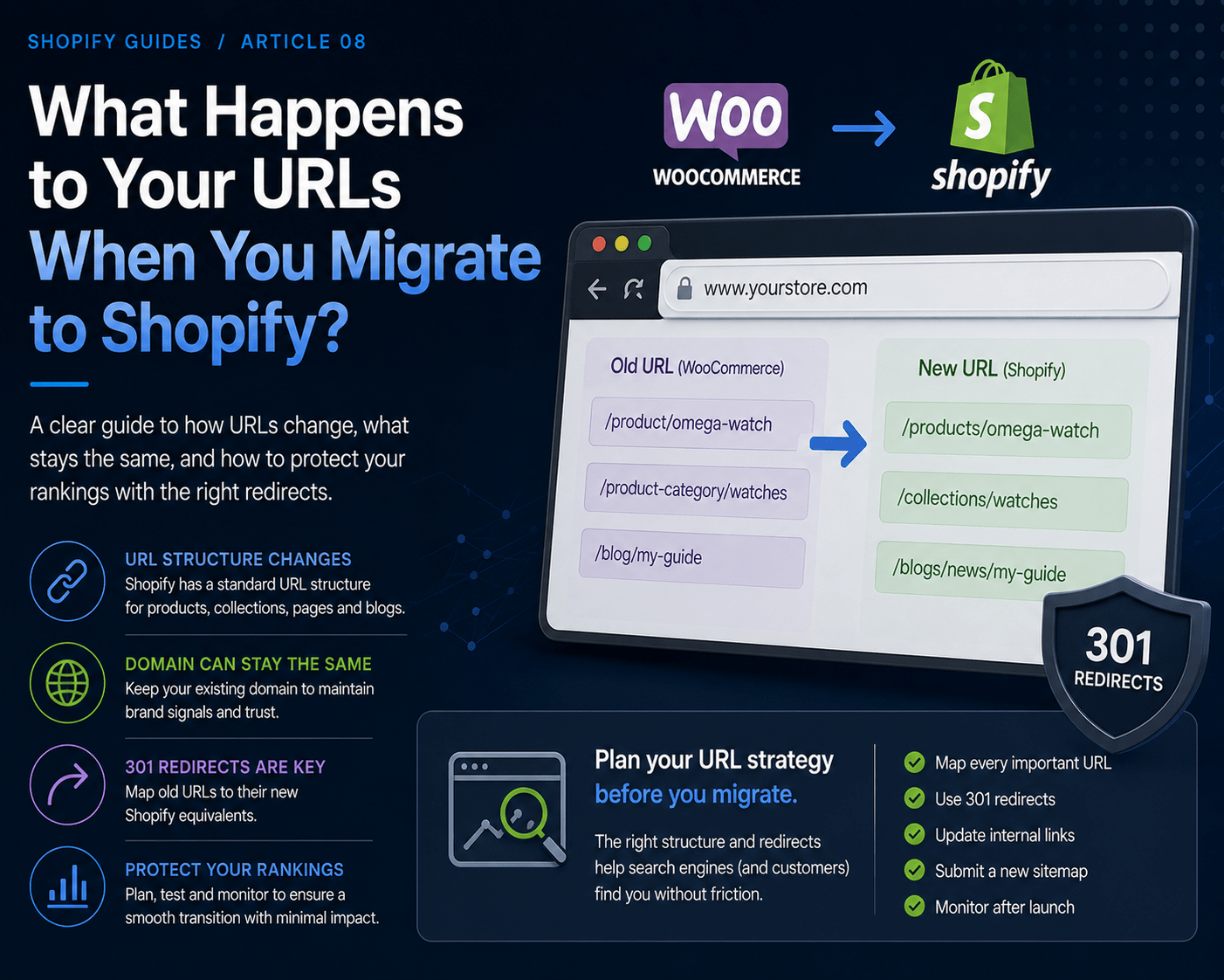 Cape Wired guide showing WooCommerce URLs changing to Shopify URLs during migration