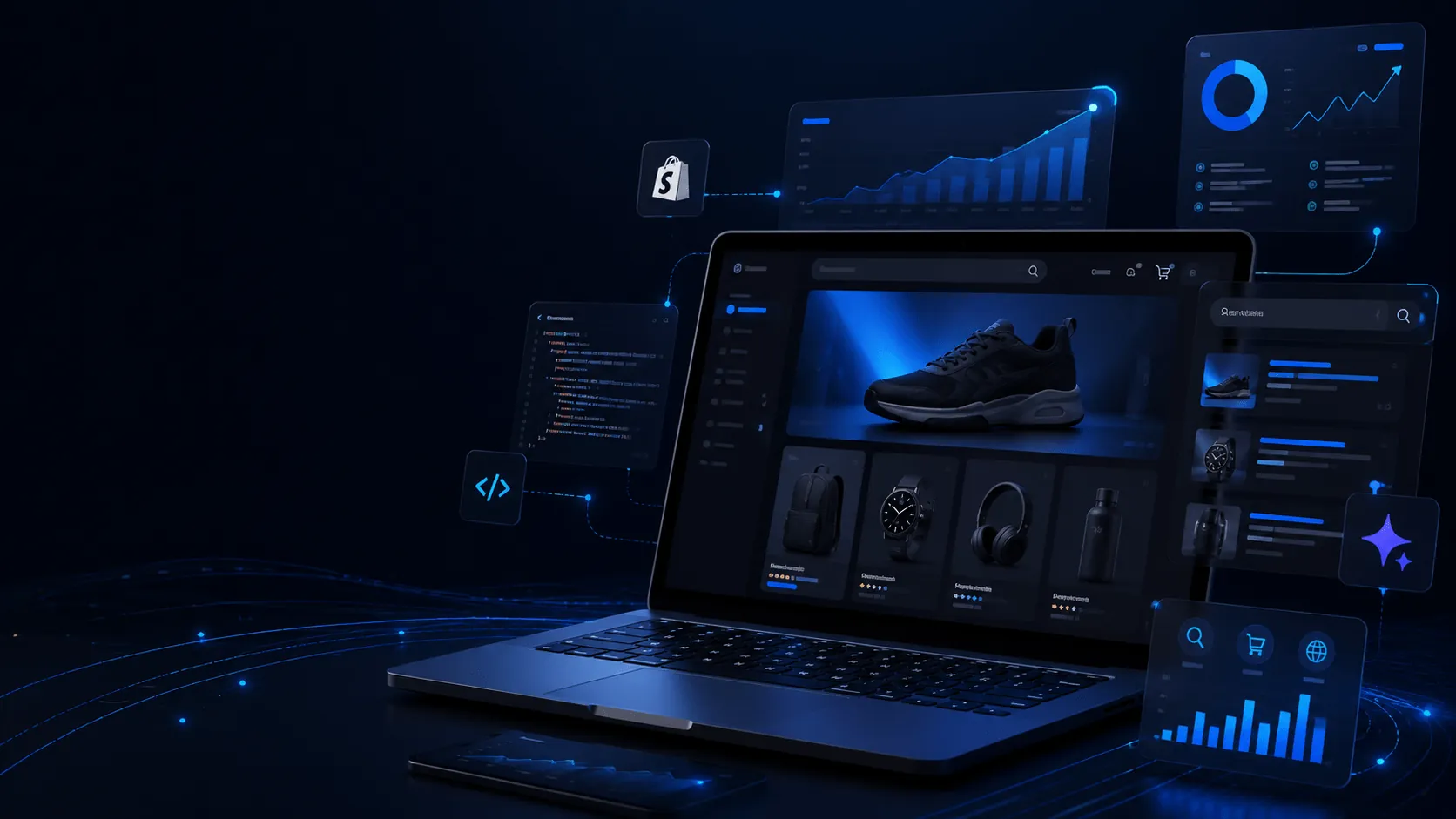 Illustration of a Shopify storefront with theme code and custom sections