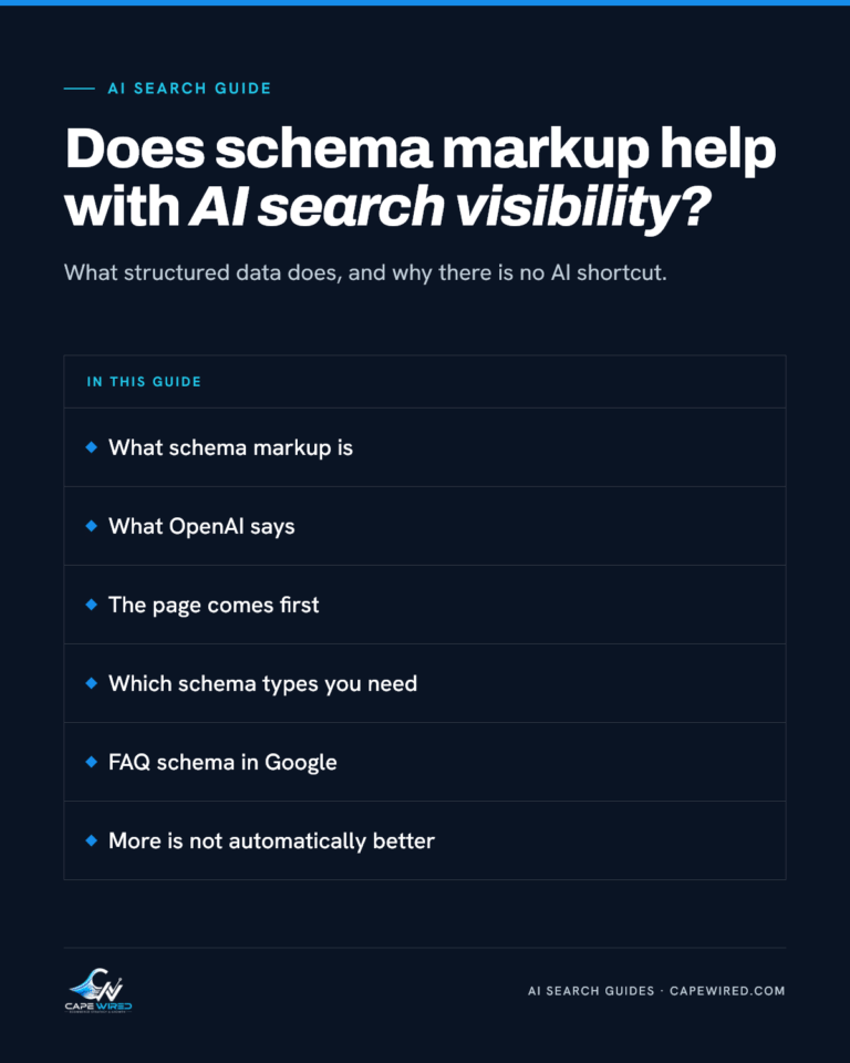 Cape Wired AI search guide: Does schema markup help with AI search visibility. Covers what schema markup is, what OpenAI says, the page comes first, which schema types you need, FAQ schema in Google and more is not automatically better.
