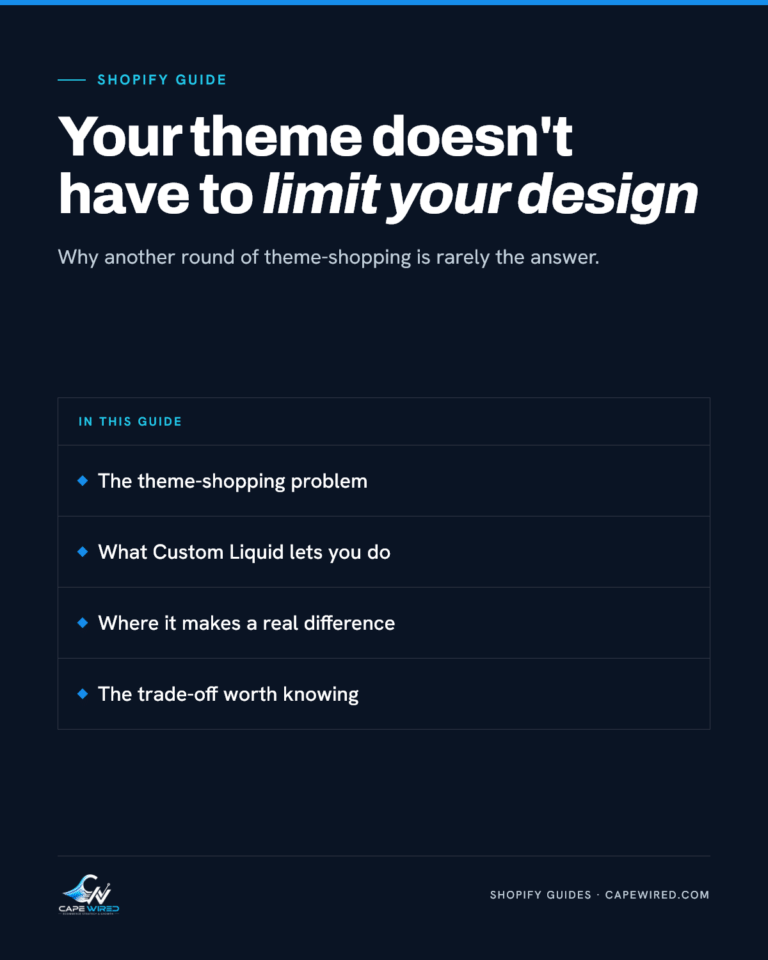 Cape Wired Shopify guide: Your theme doesn't have to limit your design. Covers the theme-shopping problem, what Custom Liquid lets you do, where it makes a real difference and the trade-off worth knowing.