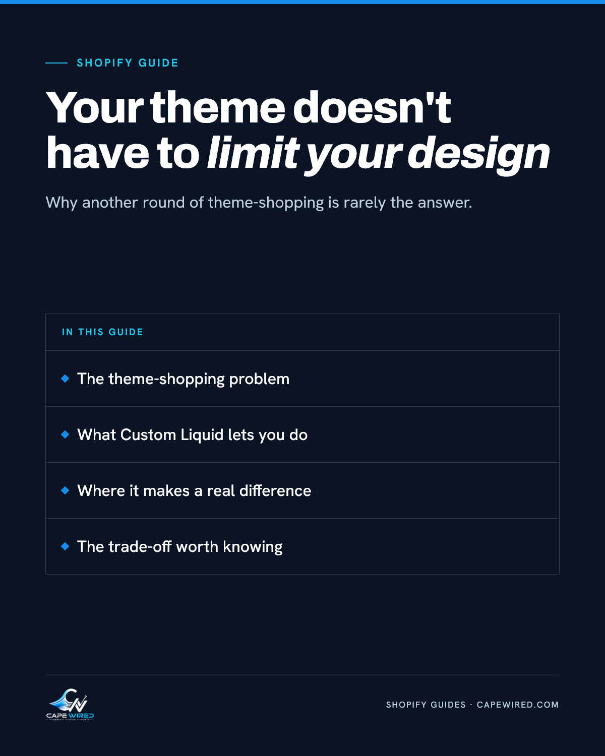 Cape Wired Shopify guide: Your theme doesn't have to limit your design. Covers the theme-shopping problem, what Custom Liquid lets you do, where it makes a real difference and the trade-off worth knowing.