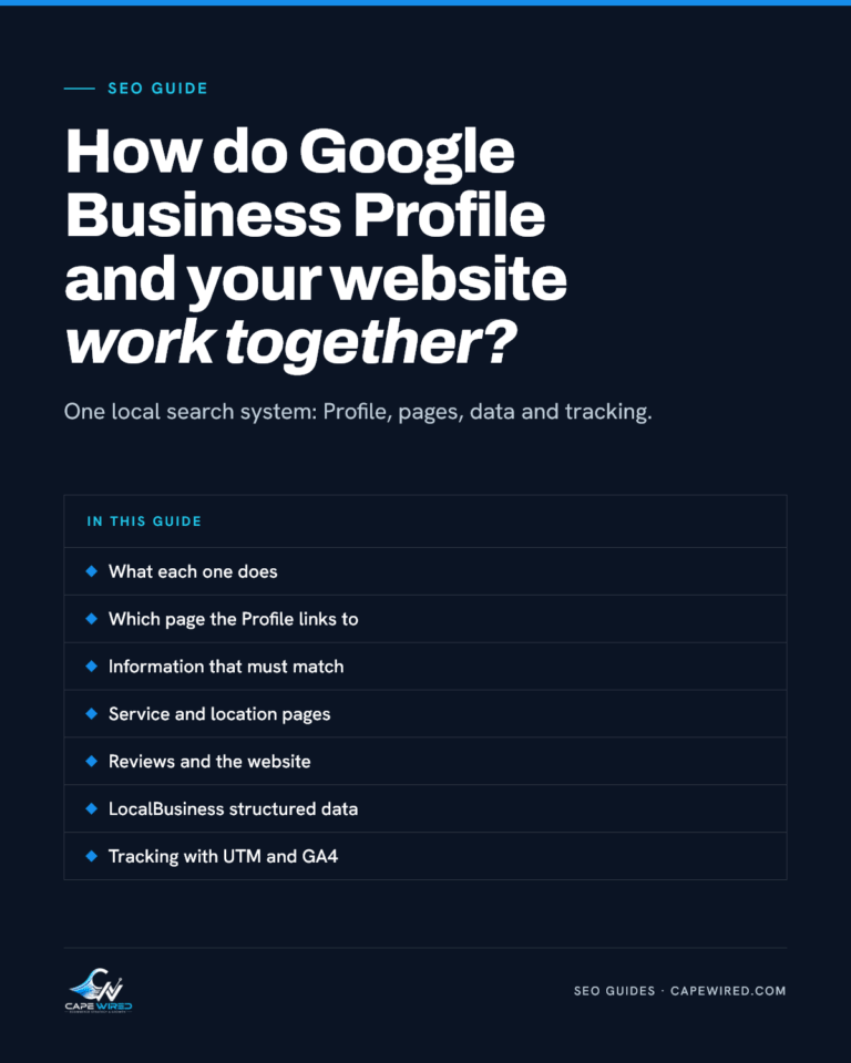 Cape Wired SEO guide: How do Google Business Profile and your website work together. Covers what each one does, which page the Profile links to, information that must match, service and location pages, reviews and the website, LocalBusiness structured data and tracking with UTM and GA4.