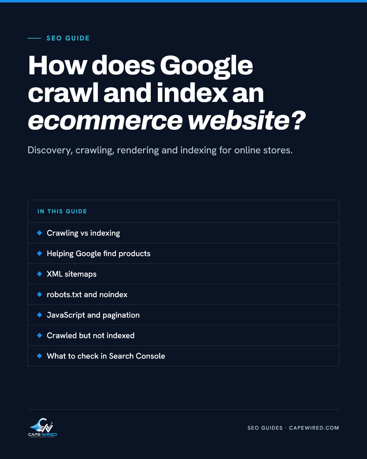 Cape Wired SEO guide: How does Google crawl and index an ecommerce website. Covers crawling vs indexing, helping Google find products, XML sitemaps, robots.txt and noindex, javaScript and pagination, crawled but not indexed and what to check in Search Console.