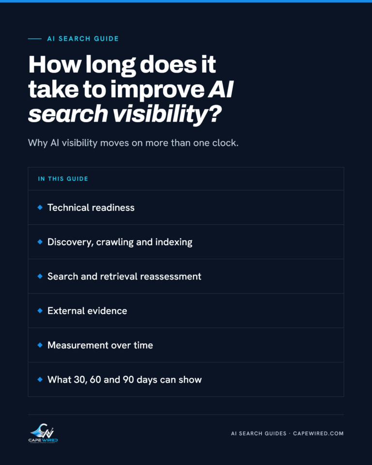 Cape Wired AI search guide: How long does it take to improve AI search visibility. Covers technical readiness, discovery, crawling and indexing, search and retrieval reassessment, external evidence, measurement over time and what 30, 60 and 90 days can show.
