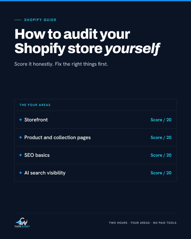 Cape Wired Shopify guide: How to audit your Shopify store yourself. Covers storefront, product and collection pages, SEO basics and AI search visibility.