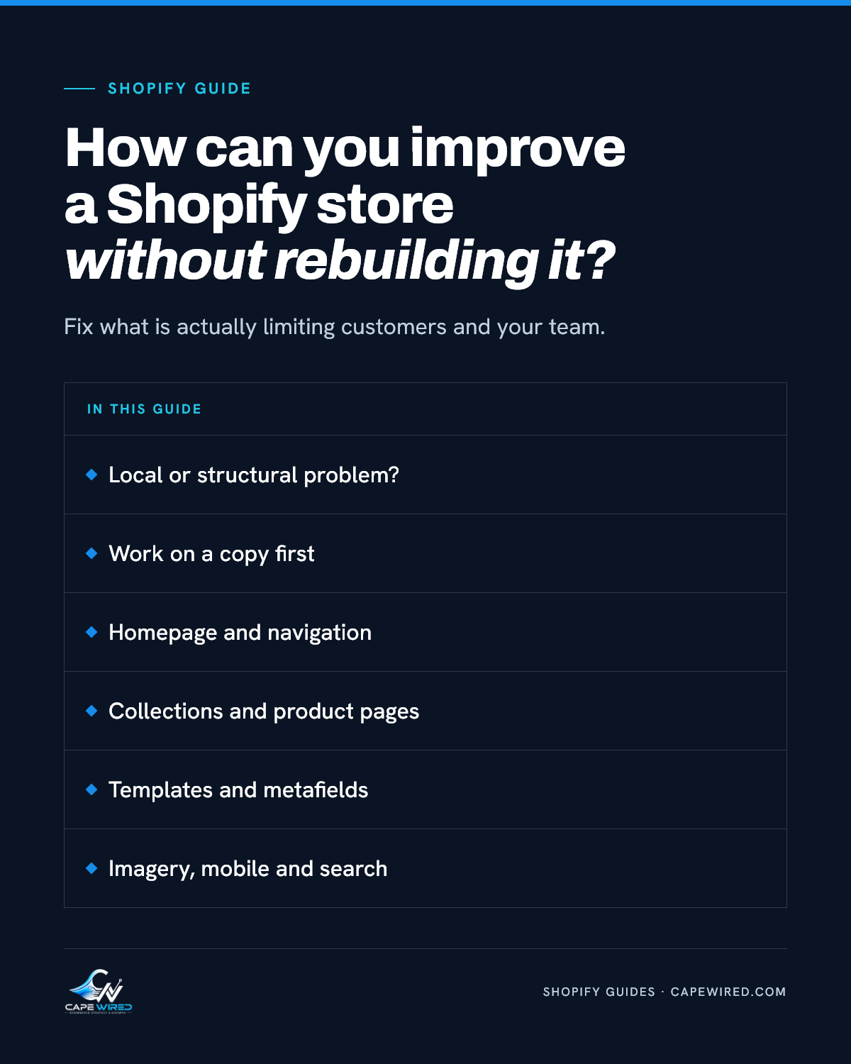 Cape Wired Shopify guide: How can you improve a Shopify store without rebuilding it. Covers local or structural problem, work on a copy first, homepage and navigation, collections and product pages, templates and metafields and imagery, mobile and search.