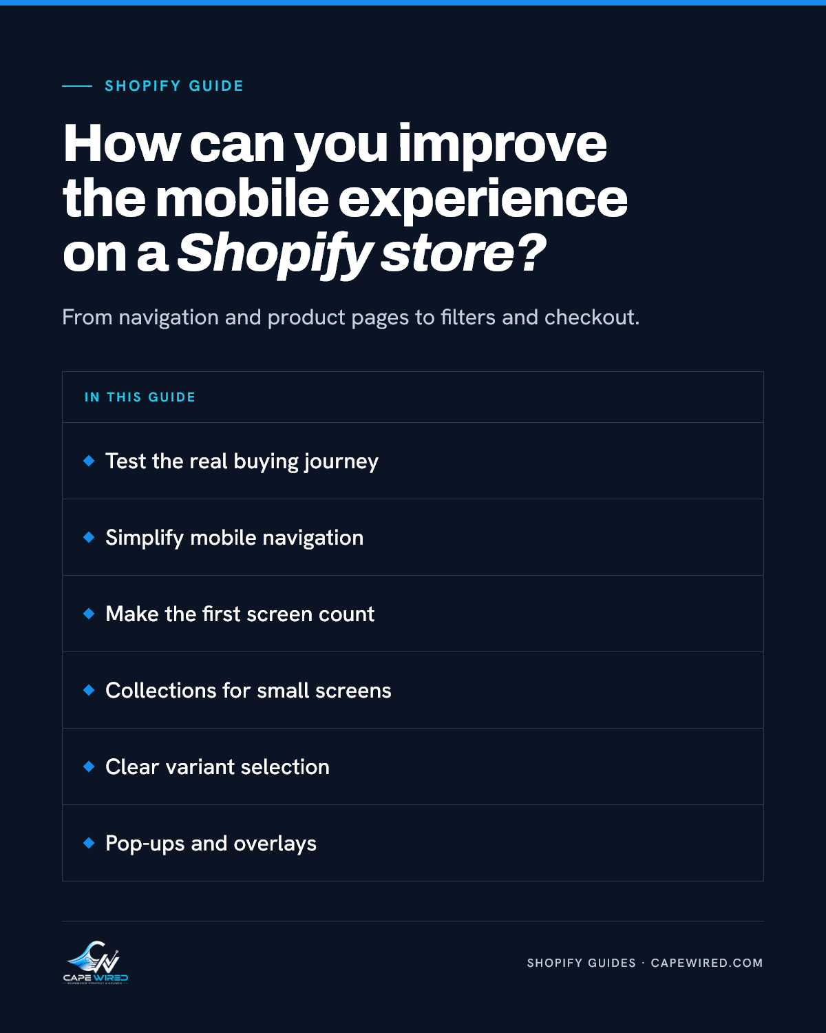 Cape Wired Shopify guide: How can you improve the mobile experience on a Shopify store. Covers test the real buying journey, simplify mobile navigation, make the first screen count, collections for small screens, clear variant selection and pop-ups and overlays.