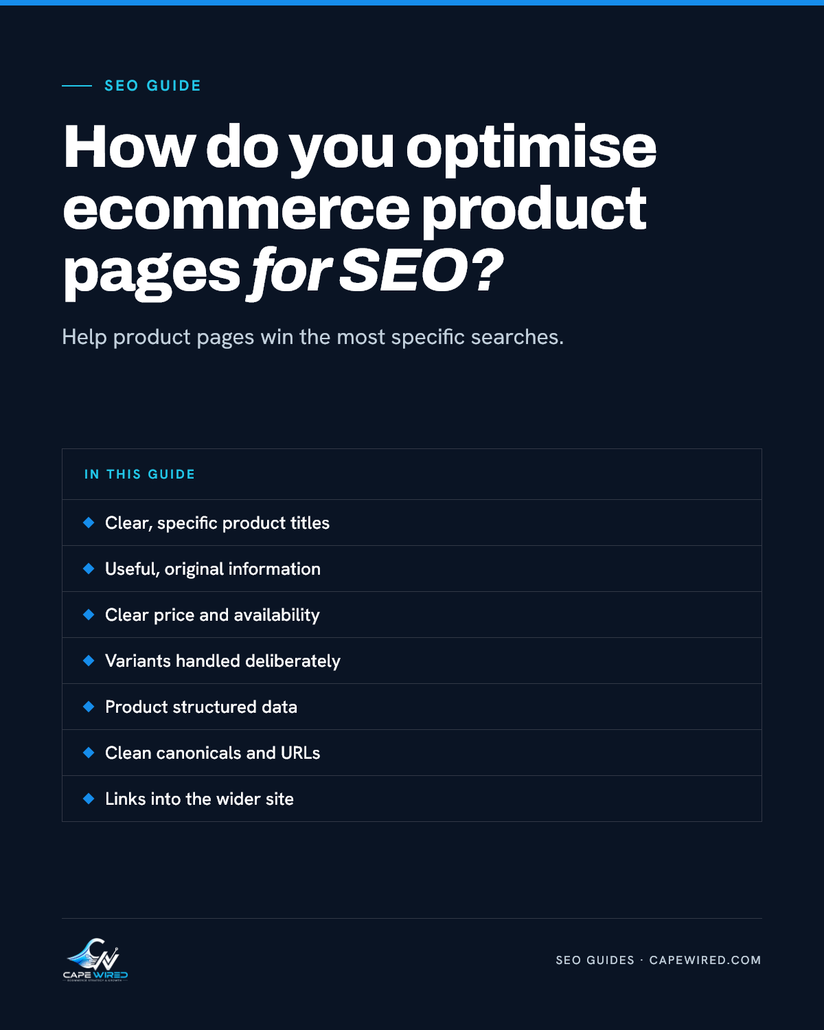 Cape Wired SEO guide: How do you optimise ecommerce product pages for SEO. Covers clear, specific product titles, useful, original information, clear price and availability, variants handled deliberately, product structured data, clean canonicals and URLs and links into the wider site.