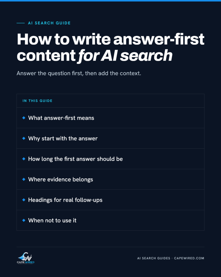 Cape Wired AI search guide: How to write answer-first content for AI search. Covers what answer-first means, why start with the answer, how long the first answer should be, where evidence belongs, headings for real follow-ups and when not to use it.