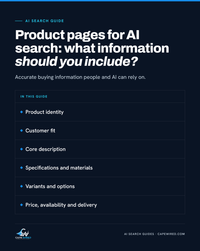 Cape Wired AI search guide: Product pages for AI search: what information should you include. Covers product identity, customer fit, core description, specifications and materials, variants and options and price, availability and delivery.