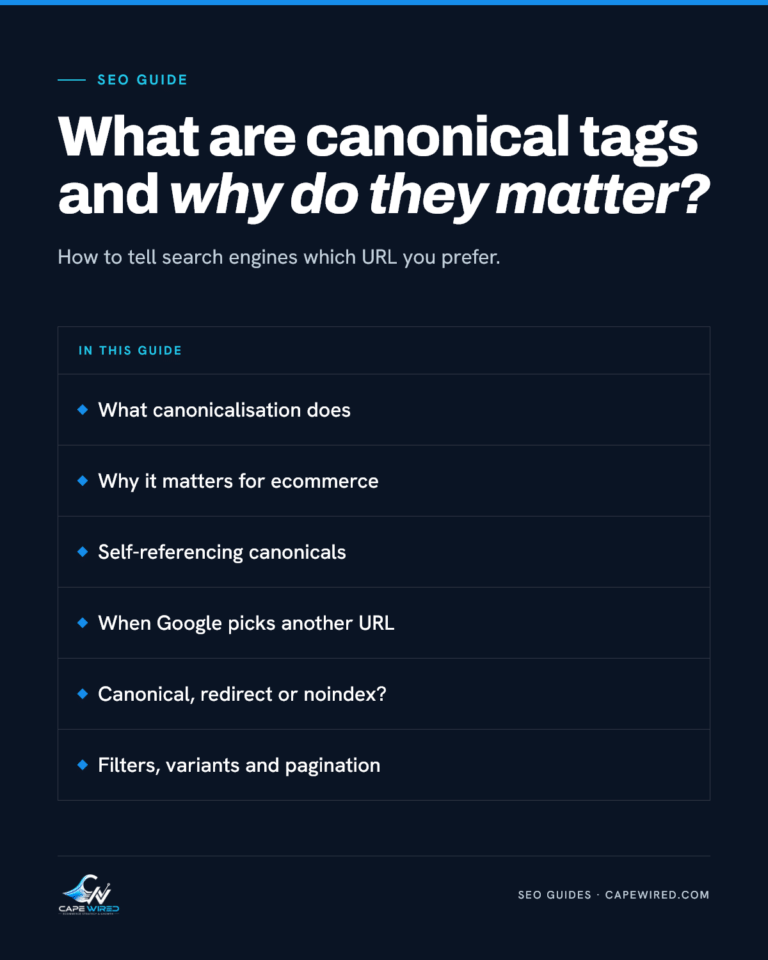 Cape Wired SEO guide: What are canonical tags and why do they matter. Covers what canonicalisation does, why it matters for ecommerce, self-referencing canonicals, when Google picks another URL, canonical, redirect or noindex and filters, variants and pagination.