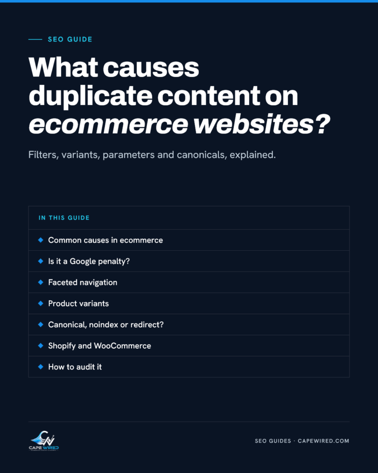 Cape Wired SEO guide: What causes duplicate content on ecommerce websites. Covers common causes in ecommerce, is it a Google penalty, faceted navigation, product variants, canonical, noindex or redirect, Shopify and WooCommerce and how to audit it.
