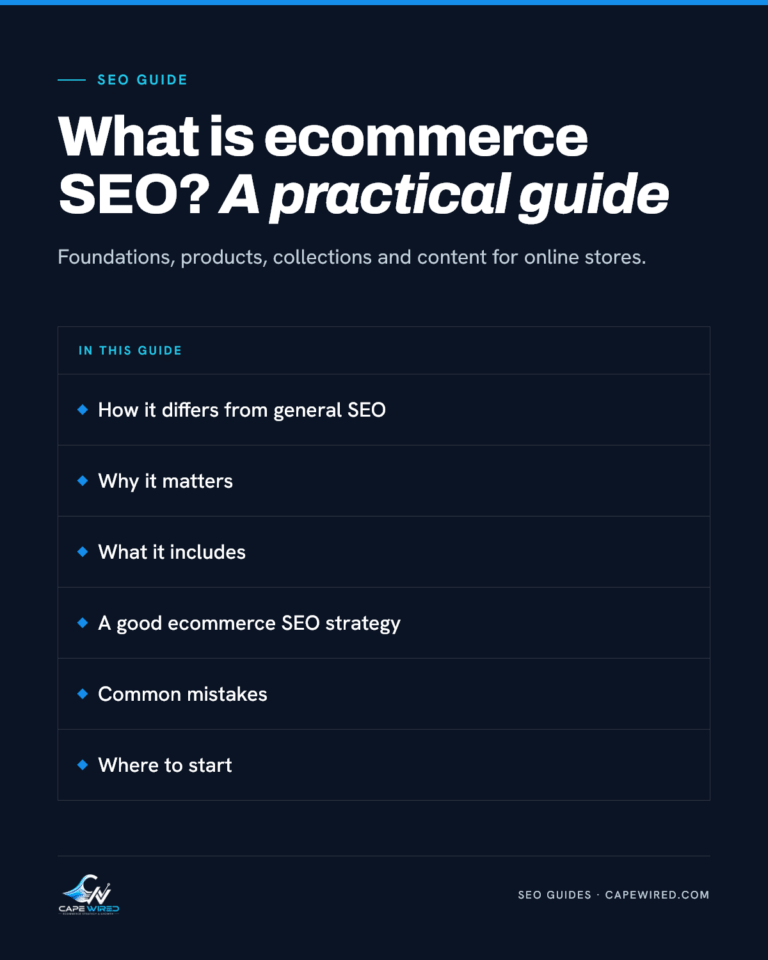 Cape Wired SEO guide: What is ecommerce SEO? A practical guide. Covers how it differs from general SEO, why it matters, what it includes, a good ecommerce SEO strategy, common mistakes and where to start.