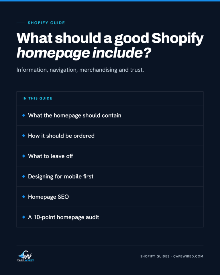 Cape Wired Shopify guide: What should a good Shopify homepage include. Covers what the homepage should contain, how it should be ordered, what to leave off, designing for mobile first, homepage SEO and a 10-point homepage audit.
