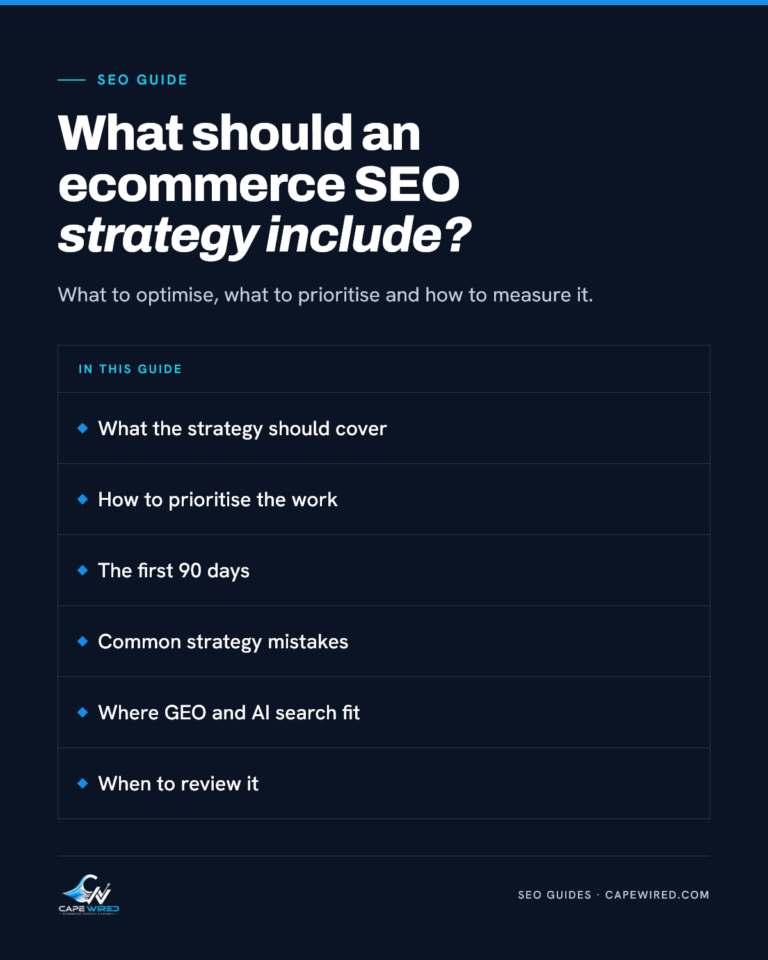 Cape Wired SEO guide: What should an ecommerce SEO strategy include. Covers what the strategy should cover, how to prioritise the work, the first 90 days, common strategy mistakes, where GEO and AI search fit and when to review it.