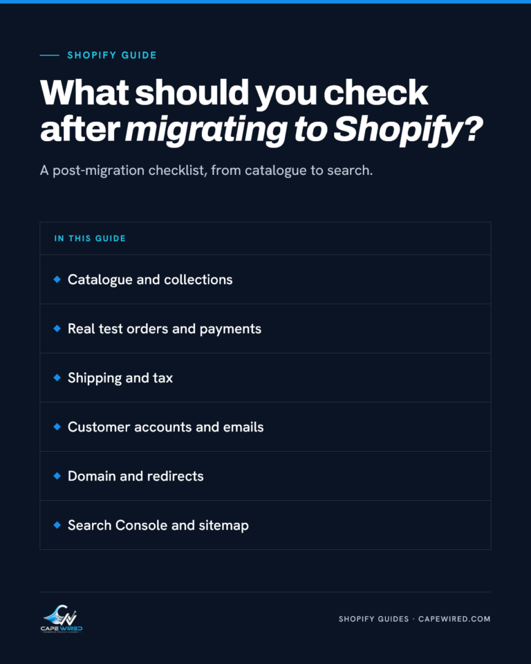 Cape Wired Shopify guide: What should you check after migrating to Shopify. Covers catalogue and collections, real test orders and payments, shipping and tax, customer accounts and emails, domain and redirects and search Console and sitemap.