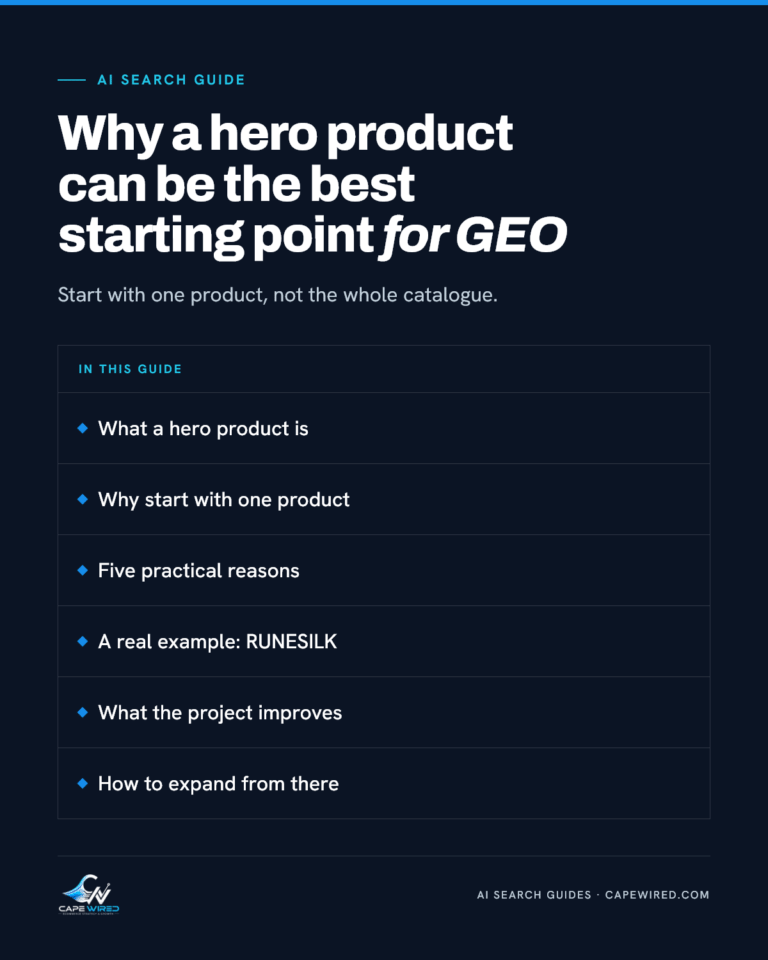 Cape Wired AI search guide: Why a hero product can be the best starting point for GEO. Covers what a hero product is, why start with one product, five practical reasons, a real example: RUNESILK, what the project improves and how to expand from there.